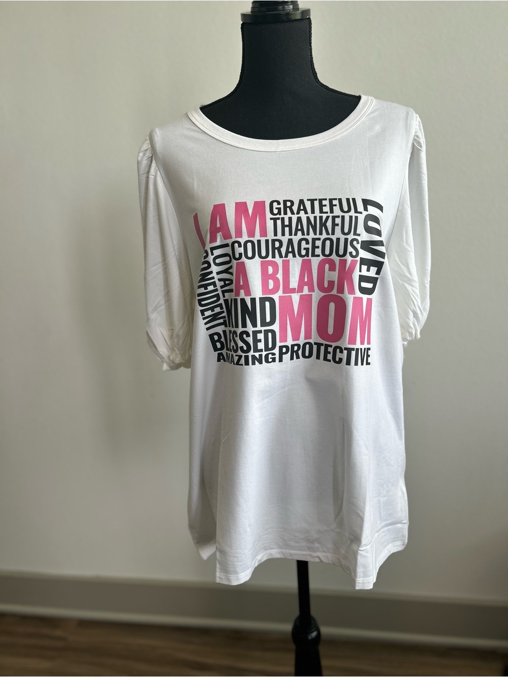 Mother’s Day White Graphic Puff-Sleeve Tee with Pink & Black Text - Picture 3 of 8